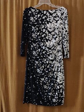 Lauren Ralph Lauren Black & White Print Women's Ruched Sheath Dress, Size 10